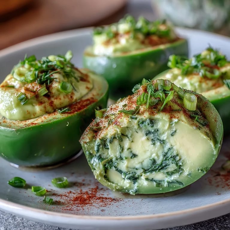 Spring party appetizer: avocado deviled eggs with chives and dill topping.