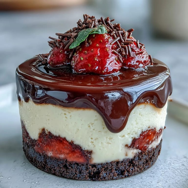 Luscious no-bake Dubai-inspired cheesecake cups layered with chocolate crust, smooth cream cheese filling, and vibrant strawberry slices, finished with dark chocolate ganache.