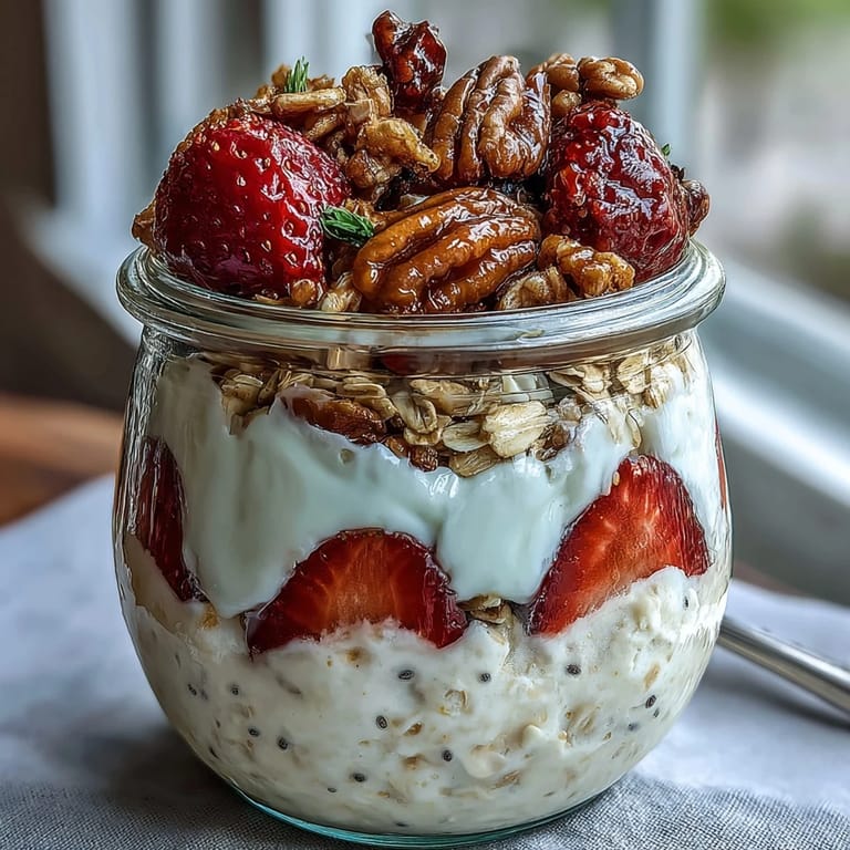 A jar of strawberry overnight oats with chia seeds and granola, featuring juicy strawberries and a sprinkle of crunchy granola on top.