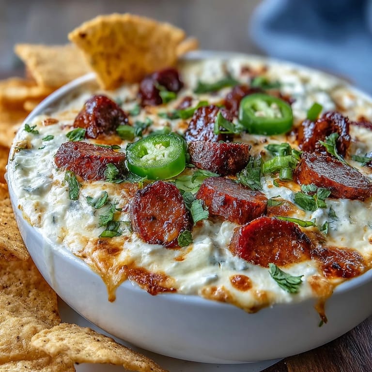 Melted cheese dip topped with seasoned chorizo, tangy pico de gallo, and cool sour cream, served alongside crispy tortilla chips.
