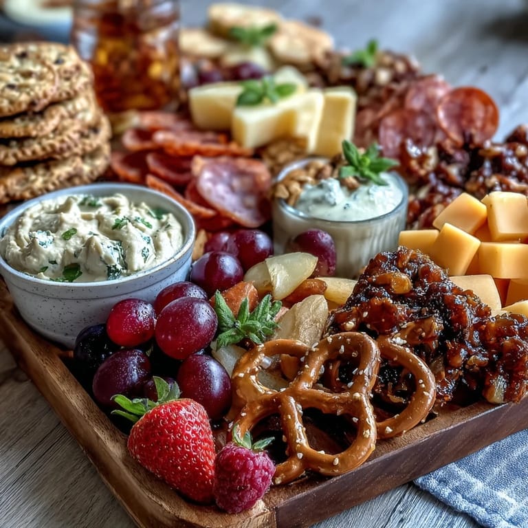 An eye-catching snack board featuring cheese cubes, chocolate pretzels, berries, and nuts for grad party fun.