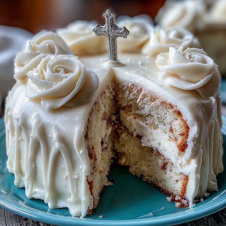 Delicate vanilla sponge layers covered in silky buttercream, decorated with white roses and a cross, ideal for First Communion