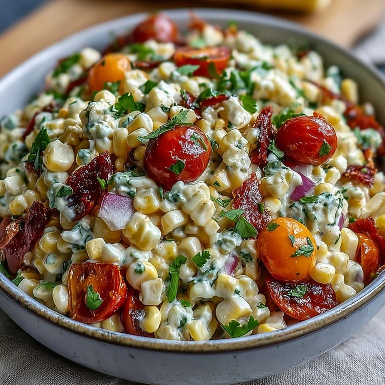 Creamy Corn Salad with Jalapeño served in a rustic bowl, topped with fresh herbs, offering a cool and refreshing side for warm weather gatherings.