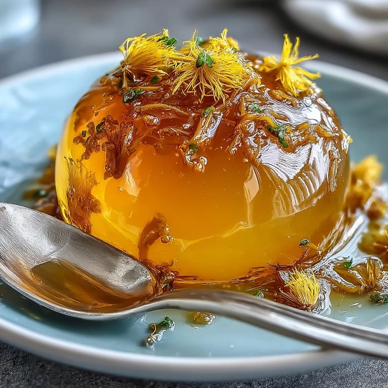 Vibrant homemade dandelion jelly with zesty lemon and golden honey, perfect for drizzling over creamy yogurt or fresh scones.