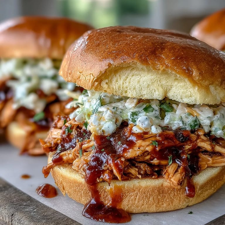Juicy shredded BBQ chicken sandwiches served on soft buns, topped with tangy coleslaw for a classic summer meal.  