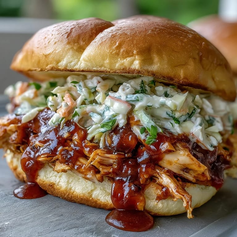 Tender pulled chicken in smoky barbecue sauce, layered on buns with crisp coleslaw for a satisfying sandwich.