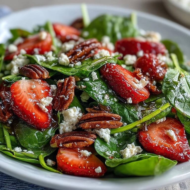Colorful strawberry spinach salad topped with crumbled goat cheese and candied pecans, served with a homemade balsamic dressing for a bright spring dish.