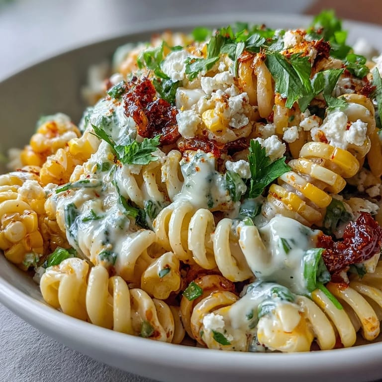 Mexican-inspired Elote Corn Pasta tossed with charred corn, red bell pepper, and smoky paprika for a summer side dish.