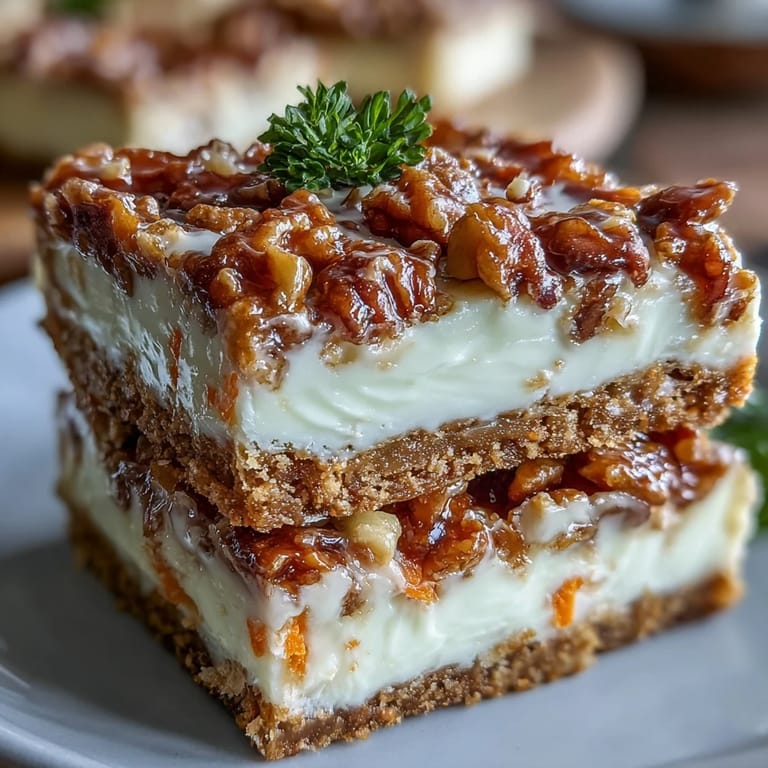 Decadent carrot cake cheesecake bars featuring a velvety cream cheese layer swirled into spiced carrot cake, topped with toasted pecans.