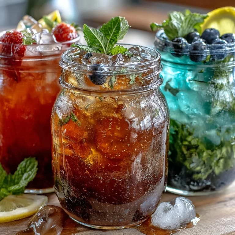 Festive lemonade bar with mint, strawberry, and blueberry syrups, garnished with fresh fruit.