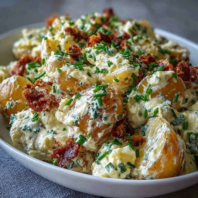 A bowl of classic deviled egg potato salad with tender potatoes, tangy mustard dressing, and vibrant green onion garnish.