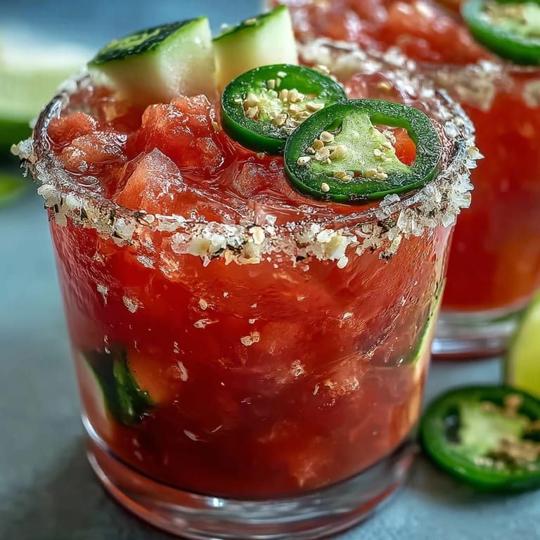 Vibrant alcohol-free margarita mocktail blending juicy watermelon and spicy jalapeño, served over ice with a chili-salt rim.