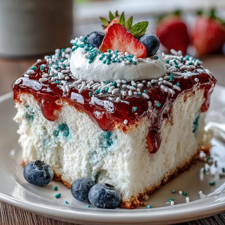 Festive Red White Blue Poke Cake featuring creamy whipped topping and colorful gelatin pockets, perfect for Memorial Day celebrations and summer gatherings.