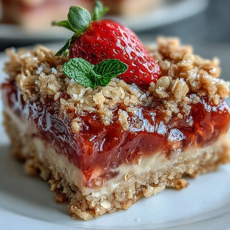 2. Buttery crumb bars layered with sweet strawberries and tart rhubarb, baked to a golden crisp for summer gatherings.  