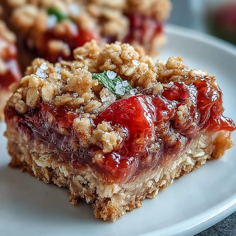 3. Easy strawberry rhubarb dessert bars with crumbly oat crust and vibrant fruit center, ideal for picnics or potlucks.