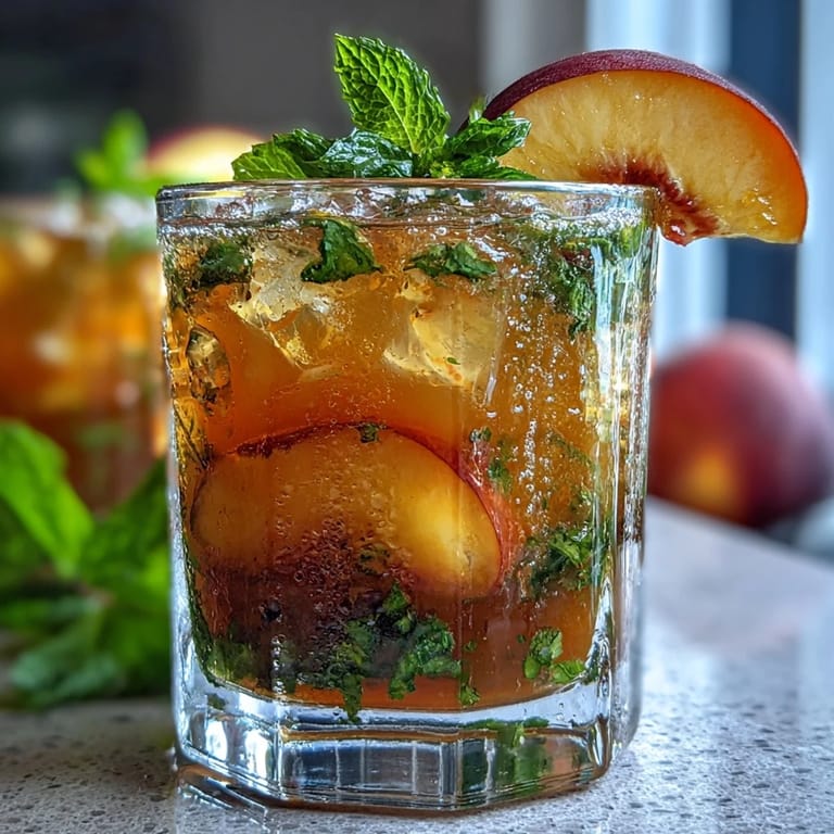 Refreshing iced peach green tea lemonade served over ice, perfect for hot summer days.  