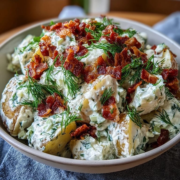 Memorial Day potato salad with tender potatoes, crunchy celery, and savory bacon crumbles in tangy dressing.  