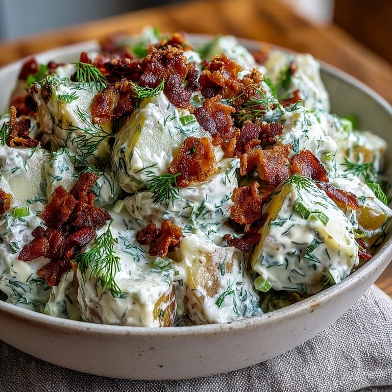 Festive potato salad with dill and bacon, a must-have side dish for your Memorial Day barbecue.