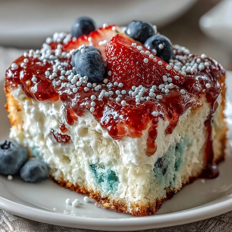 Patriotic Red White Blue Poke Cake with layers of red and blue gelatin set in white cake, finished with fluffy whipped topping and festive sprinkles.