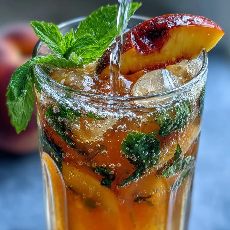 Homemade iced peach green tea lemonade in a clear pitcher, garnished with fresh peach wedges.