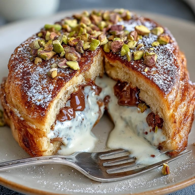 Decadent croissant French toast filled with melted chocolate, drizzled with syrup, and garnished with crushed pistachios for a luxurious breakfast.