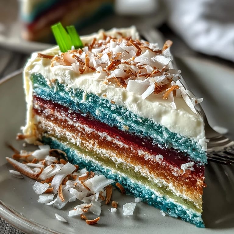 Multi-layered rainbow jelly cake made with agar-agar and coconut cream, a stunning and naturally vegan dessert for any celebration.
