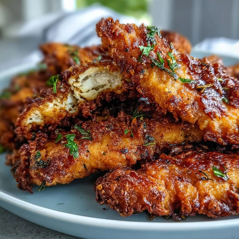 Tangy, mouthwatering pickle brine chicken tenders, perfectly fried and crunchy.