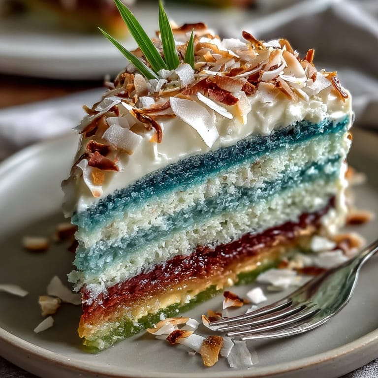 Showstopping agar-agar jelly cake in rainbow colors, topped with silky coconut cream for a refreshing, gluten-free treat.  