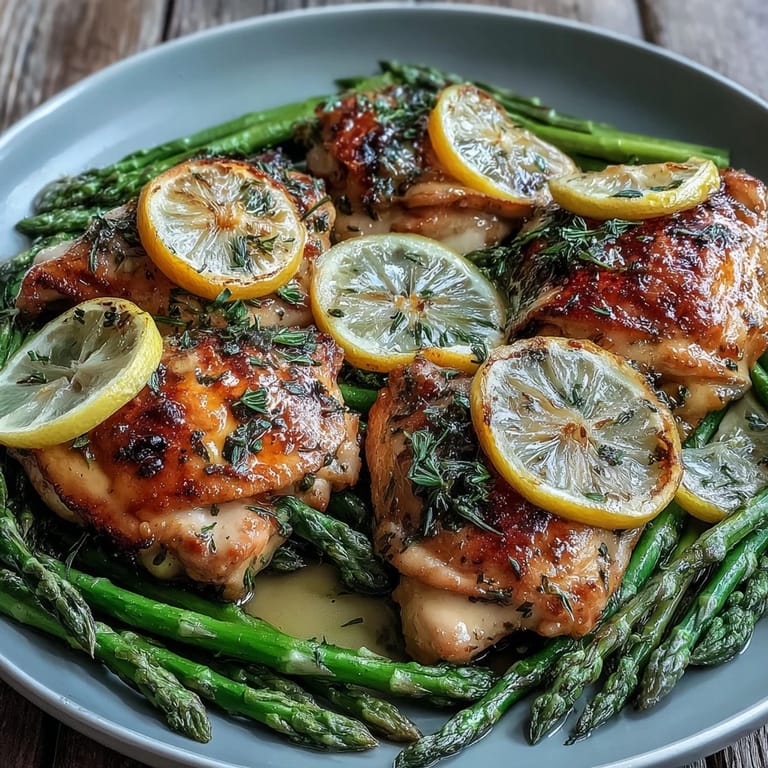 Tender chicken and bright asparagus from easy One-Pan Lemon Herb dish.