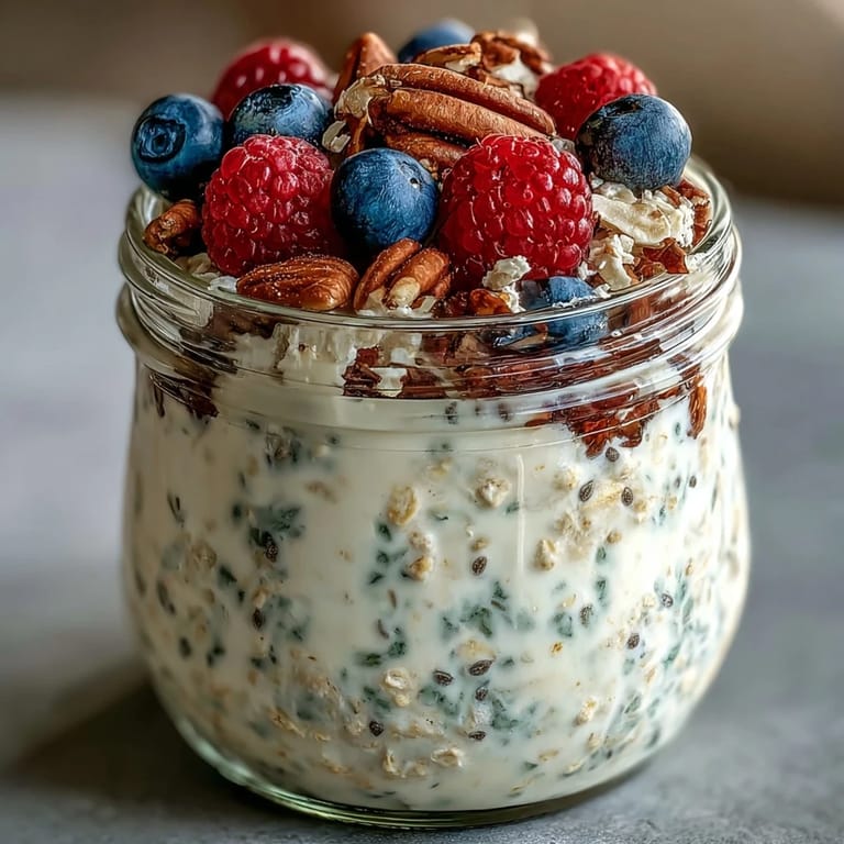 Delicious fiber-rich overnight oats topped with colorful fresh berries and seeds.