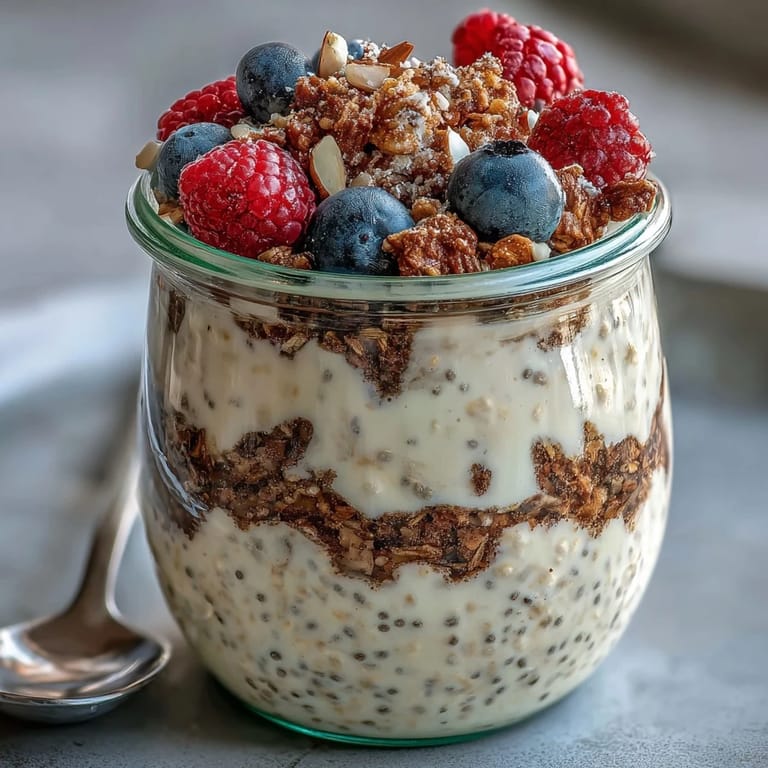 Wholesome high fiber overnight oats served chilled with a swirl of berries.