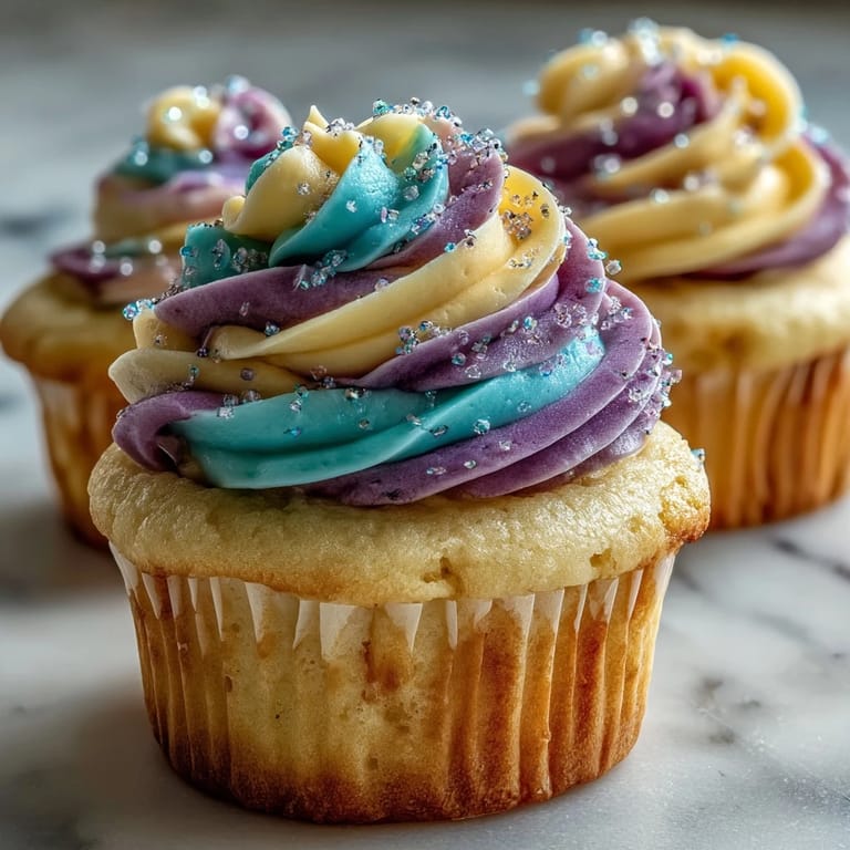 Showcasing Gemini Birthday Cupcakes, a delightful vanilla treat with artistic two-toned buttercream.