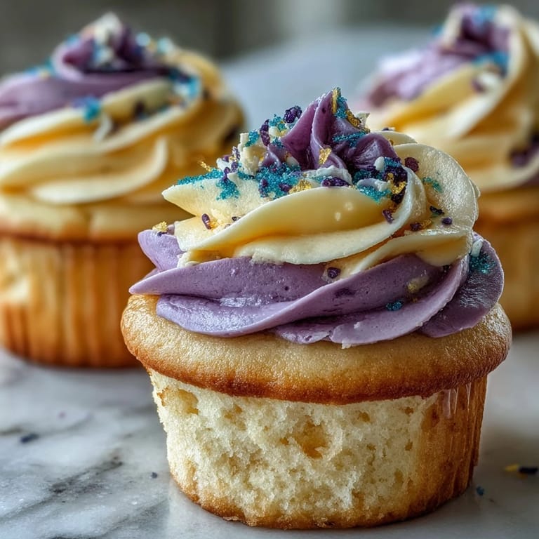 Rich vanilla Gemini Birthday Cupcakes topped with a celebratory, split-colour frosting design.