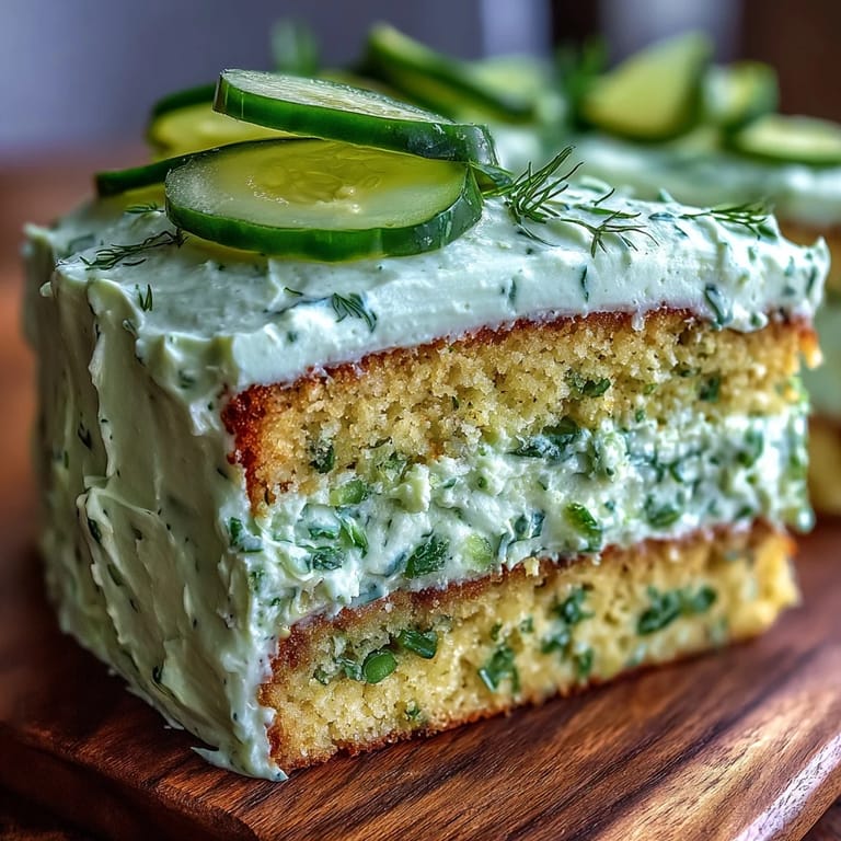 Moist Pickle Cake layers topped with tangy dill frosting, ready to serve.