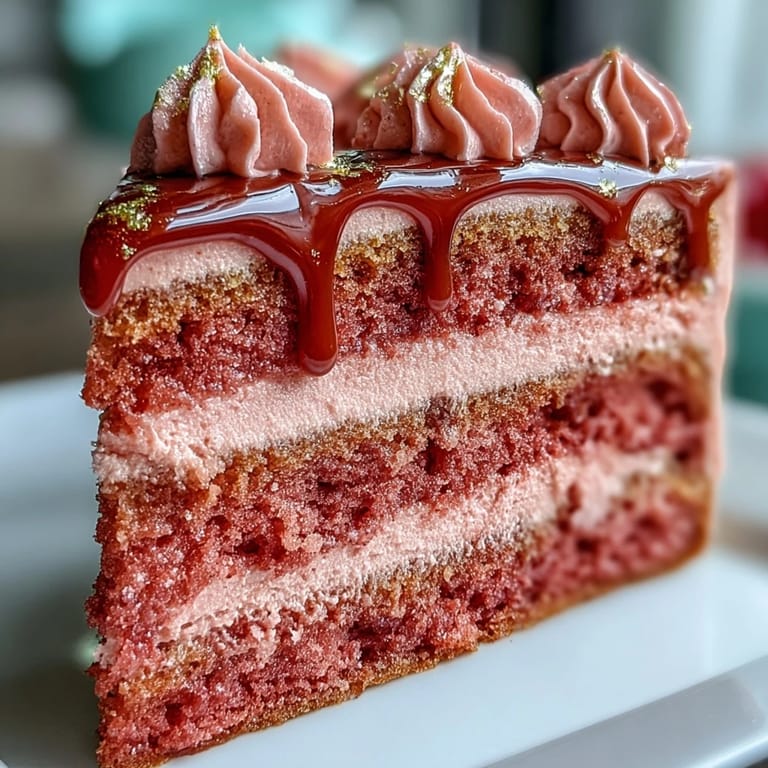 Delightful Bridal Shower Rosé Velvet Cake, a moist, blush confection with flowing gold icing.
