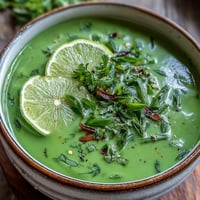 Creamy spinach coriander lemongrass soup in a white bowl, garnished with fresh cilantro and lime wedges.