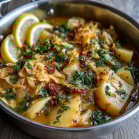 Braised Cabbage With Potatoes and Chili simmered in a rustic Dutch oven, steam rising from tender vegetables.