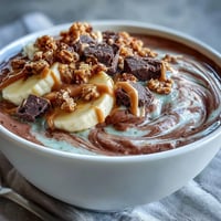 Creamy Chocolate Peanut Butter Smoothie Bowl topped with sliced banana, crunchy granola, and a rich peanut butter drizzle for a satisfying breakfast.