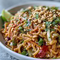 Asian Peanut Noodle Bowl garnished with chopped peanuts, sesame seeds, and fresh cilantro in a white serving bowl.