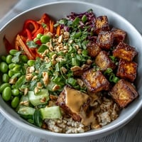 Crispy tofu cubes and colorful veggies in a creamy peanut sauce over a fluffy grain base, ready to eat.