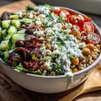 Colorful Mediterranean Farro Bowl topped with feta, fresh parsley, and creamy tahini dressing, served in a white ceramic bowl.
