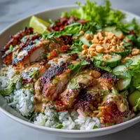 Coconut Rice Peanut Bowl with grilled chicken, vibrant veggies, and creamy peanut sauce in a nourishing bowl.  