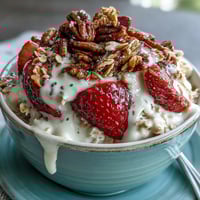 Creamy strawberry overnight oats with chia seeds and granola, topped with fresh berries and crunchy granola for a healthy breakfast.