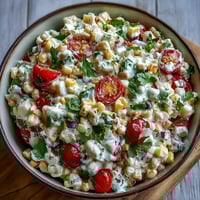 Creamy Corn Salad with Jalapeño in a white bowl, garnished with fresh cilantro and lime wedges, perfect for summer barbecues.