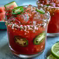 Refreshing Cinco de Mayo watermelon jalapeño margarita mocktail in a salt-rimmed glass, garnished with lime and jalapeño slices.