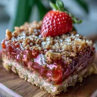 1. Strawberry rhubarb crumble bars with golden oat topping and juicy fruit filling, perfect for spring dessert platters.  
