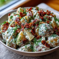 A bowl of creamy Memorial Day potato salad with crispy bacon and fresh dill, perfect for picnics.  