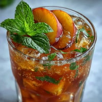 A tall glass of iced peach green tea lemonade, with vibrant peach slices and mint garnish.  