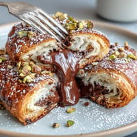 Dubai Chocolate Pistachio Croissant French Toast with golden croissants stuffed with rich chocolate and topped with crunchy pistachios.