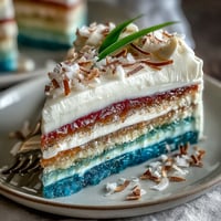Vibrant rainbow jelly cake with agar-agar and creamy coconut layers, a colorful and dairy-free dessert perfect for summer parties.  